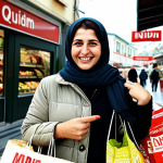 Smart Shopper**

*Prompt:* A Turkish woman smiling while holding shopping bags filled with groceries. In the background, a market scene with signs showing "İndirim" (Discount) and prices marked down in Turkish Lira (TRY). The overall atmosphere should be bright and cheerful, conveying a sense of successful bargain hunting. Focus on her joyful expression.

**