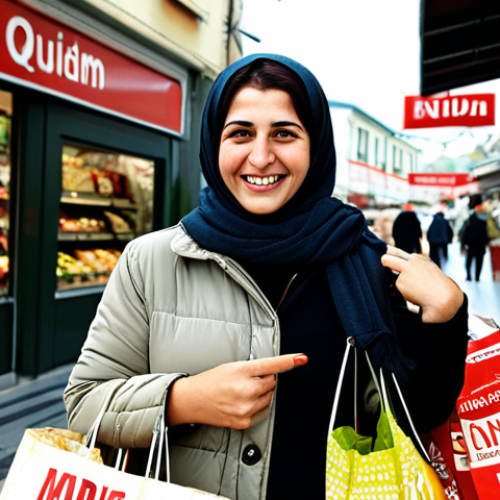 Smart Shopper**

*Prompt:* A Turkish woman smiling while holding shopping bags filled with groceries. In the background, a market scene with signs showing "İndirim" (Discount) and prices marked down in Turkish Lira (TRY). The overall atmosphere should be bright and cheerful, conveying a sense of successful bargain hunting. Focus on her joyful expression.

**